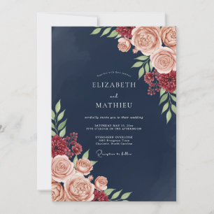 Navy Blush Bloom Romance Wedding Invitation