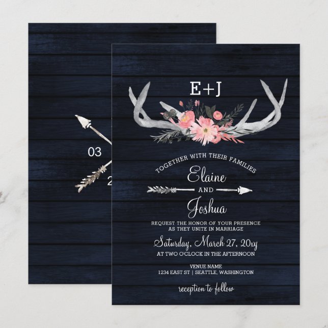 Navy Blush Blooming Antlers Country Chic Wedding Invitation (Front/Back)