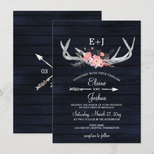 Navy Blush Blooming Antlers Country Chic Wedding Invitation