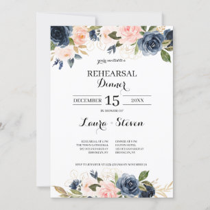 Navy Blush Blossom Floral Wedding Rehearsal Dinner Invitation