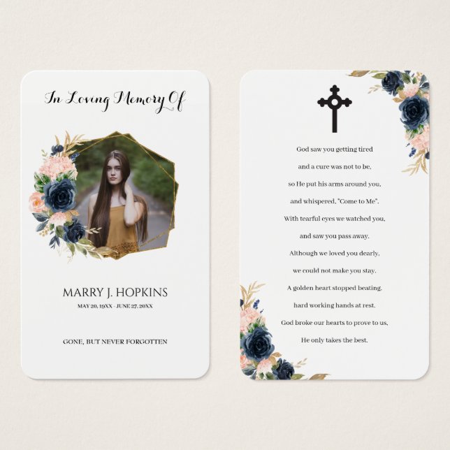Navy Blush Blossom Photo Funeral Prayer Cards (Front & Back)