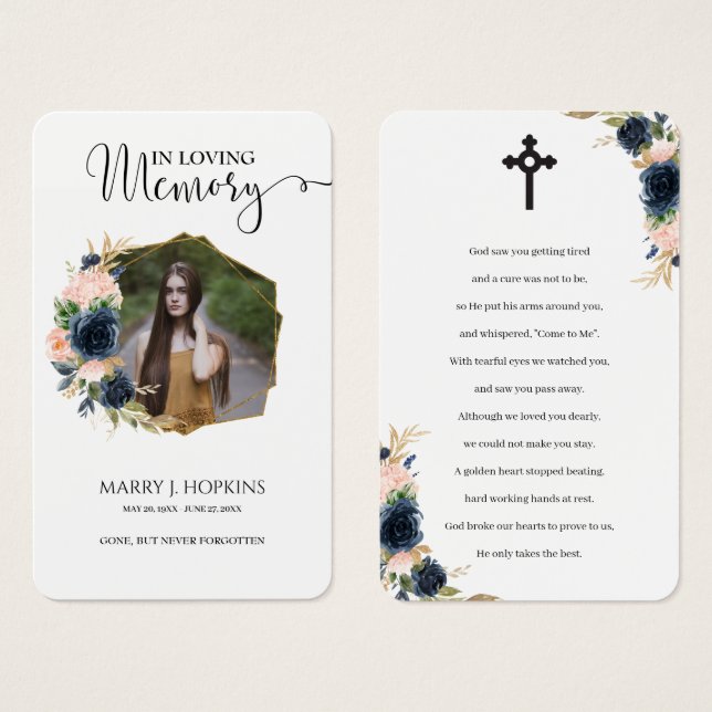 Navy Blush Blossom Photo Memorial Prayer Cards (Front & Back)