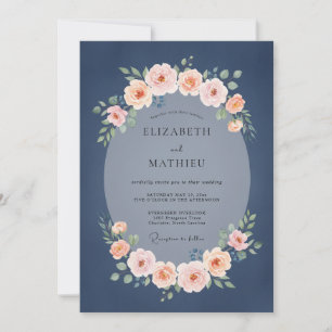 Navy Blush Blossom Romantic Wedding Invitation