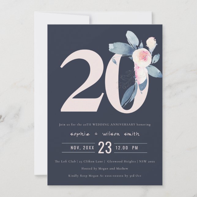 NAVY BLUSH BLUE FLORAL 20TH ANY YEAR ANNIVERSARY INVITATION (Front)