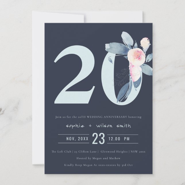 NAVY BLUSH BLUE FLORAL 20TH ANY YEAR ANNIVERSARY INVITATION (Front)