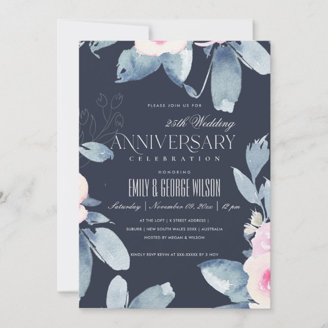 NAVY BLUSH BLUE FLORAL 25th ANY YEAR ANNIVERSARY Invitation (Front)