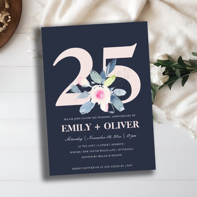 NAVY BLUSH BLUE FLORAL 25TH ANY YEAR ANNIVERSARY INVITATION (Creator Uploaded)