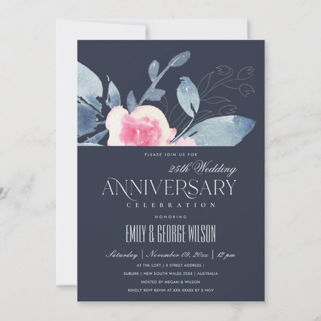 NAVY BLUSH BLUE FLORAL 25th ANY YEAR ANNIVERSARY Invitation (Front)