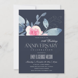 NAVY BLUSH BLUE FLORAL 25th ANY YEAR ANNIVERSARY Invitation