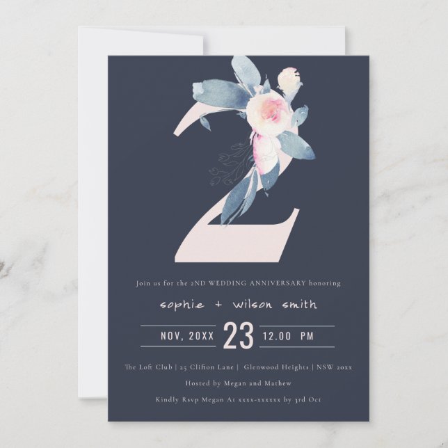 NAVY BLUSH BLUE FLORAL 2ND ANY YEAR ANNIVERSARY INVITATION (Front)