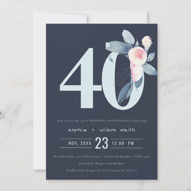 NAVY BLUSH BLUE FLORAL 40TH ANY YEAR ANNIVERSARY INVITATION (Front)