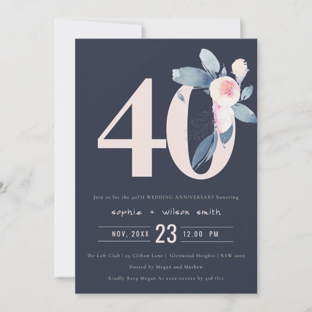 NAVY BLUSH BLUE FLORAL 50TH ANY YEAR ANNIVERSARY INVITATION (Front)