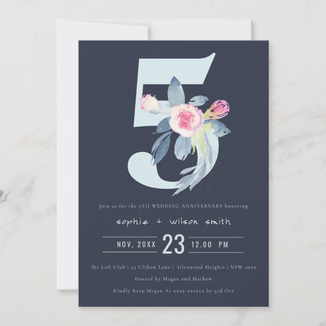 NAVY BLUSH BLUE FLORAL 5TH ANY YEAR ANNIVERSARY INVITATION (Front)