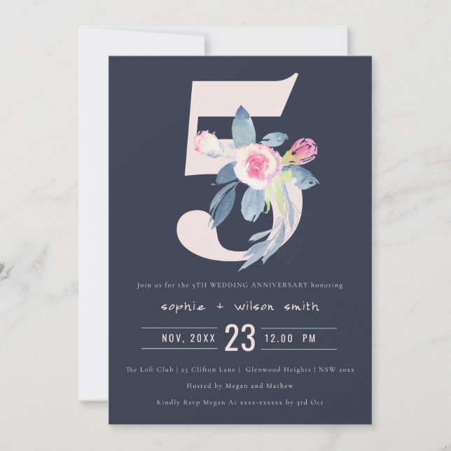 NAVY BLUSH BLUE FLORAL 5TH ANY YEAR ANNIVERSARY INVITATION (Front)