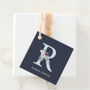 NAVY BLUSH BLUE FLORAL ALPHABETS NAME LETTER R FAVOUR TAGS