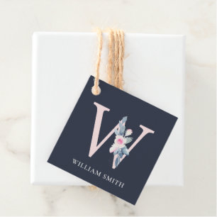 NAVY BLUSH BLUE FLORAL ALPHABETS NAME LETTER W FAVOUR TAGS