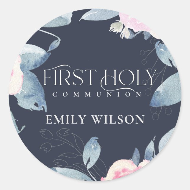 NAVY BLUSH BLUE FLORAL FRAME FIRST HOLY COMMUNION CLASSIC ROUND STICKER (Front)