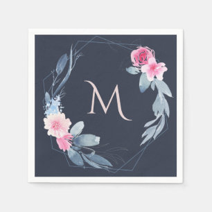 NAVY BLUSH BLUE FLORAL MONOGRAM WREATH WEDDING NAPKIN