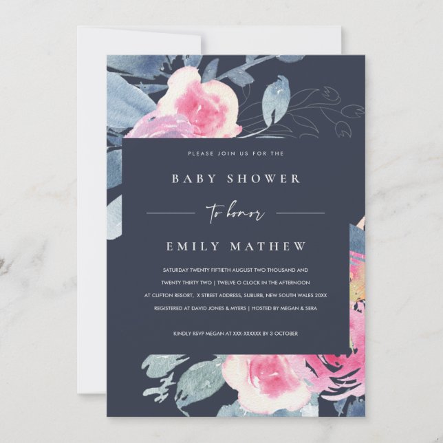 NAVY BLUSH BLUE FLORAL WATERCOLOR BABY SHOWER INVITATION (Front)