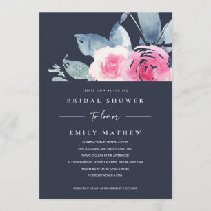 NAVY BLUSH BLUE FLORAL WATERCOLOR BRIDAL SHOWER INVITATION