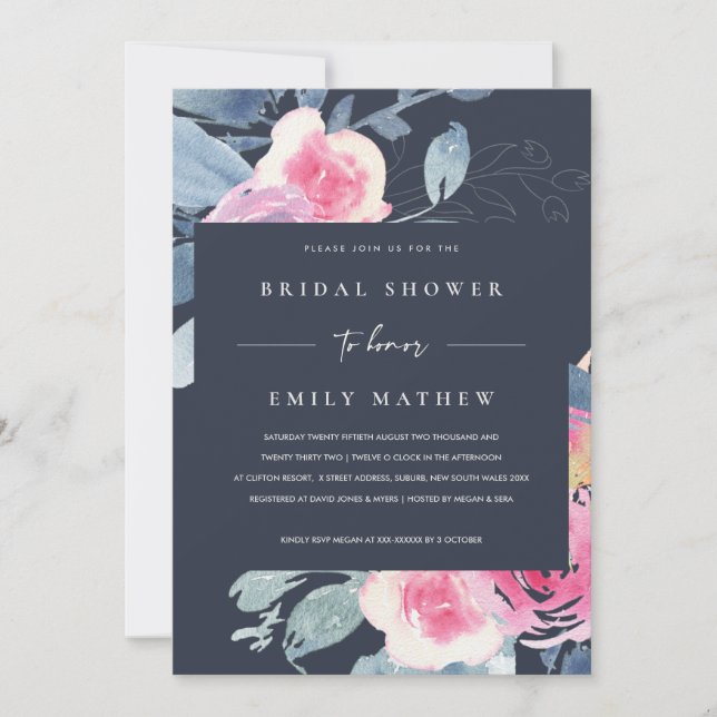 NAVY BLUSH BLUE FLORAL WATERCOLOR BRIDAL SHOWER INVITATION (Front)