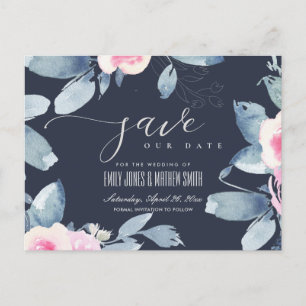 NAVY BLUSH BLUE FLORAL WATERCOLOR SAVE THE DATE ANNOUNCEMENT POSTCARD