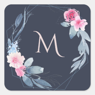 NAVY BLUSH BLUE FLORAL WATERCOLOR WREATH MONOGRAM SQUARE STICKER