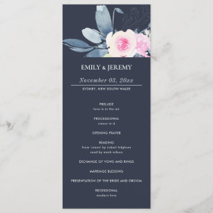 NAVY BLUSH BLUE FLORAL WEDDING CEREMONY PROGRAM MENU