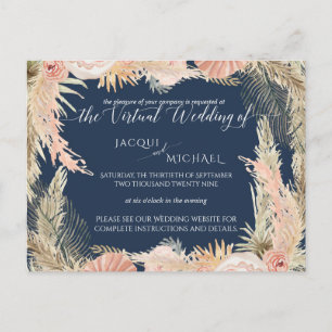 Navy Blush Bohemian Pampas Floral Virtual Wedding Postcard