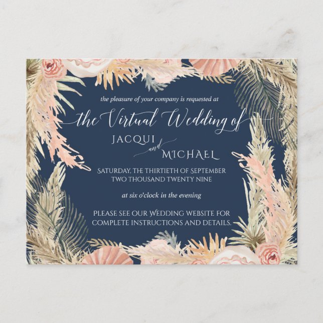 Navy Blush Bohemian Pampas Floral Virtual Wedding Postcard (Front)