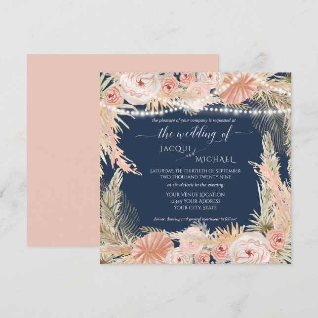 Navy Blush BOHO Twinkle Lights Floral Pampas Grass Invitation (Front/Back)