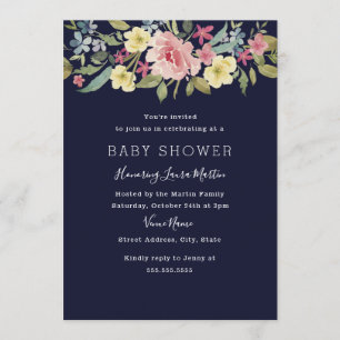 Navy Blush Botanical Watercolor Baby Shower Invitation