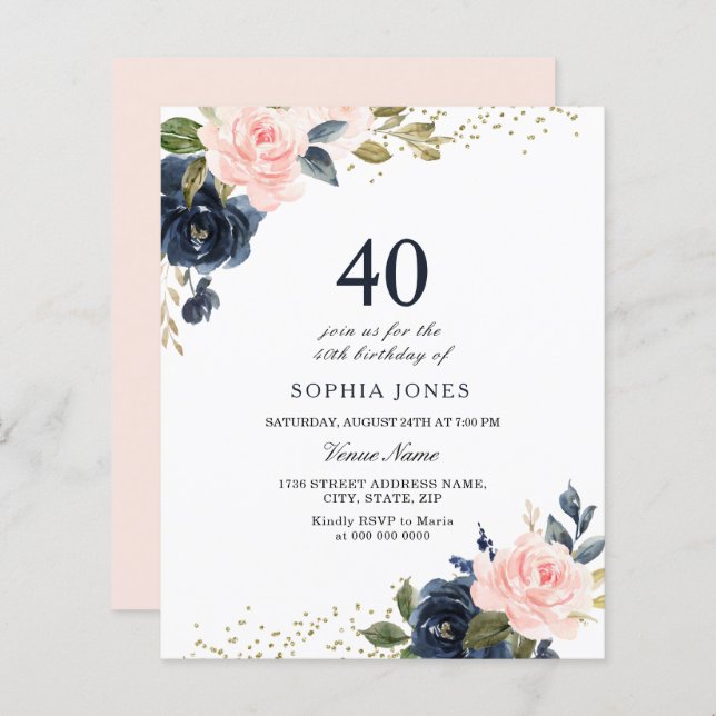 Navy & Blush Budget 40th Birthday Invitation (Front/Back)