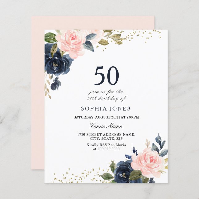 Navy & Blush Budget 50th Birthday Invitation (Front/Back)