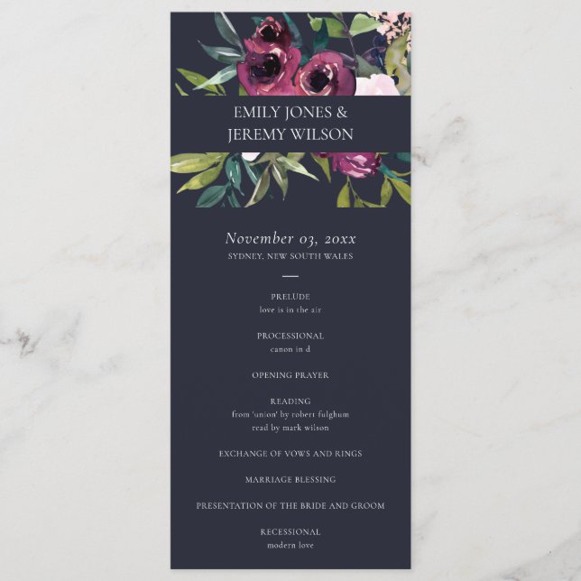 NAVY BLUSH BURGUNDY FLORA WEDDING CEREMONY PROGRAM MENU (Front)