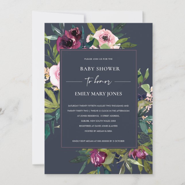 NAVY BLUSH BURGUNDY FLORAL BUNCH BABY SHOWER INVITATION (Front)