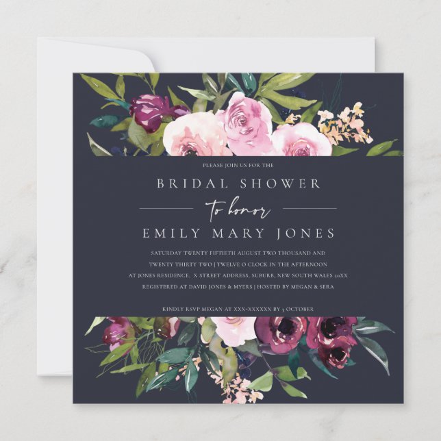 NAVY BLUSH BURGUNDY FLORAL BUNCH BRIDAL SHOWER INVITATION (Front)