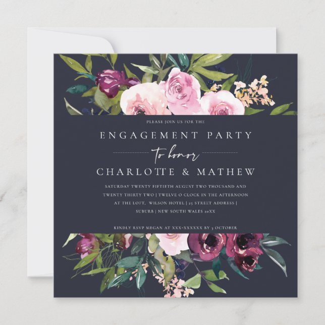 NAVY BLUSH BURGUNDY FLORAL BUNCH BRIDAL SHOWER INVITATION (Front)