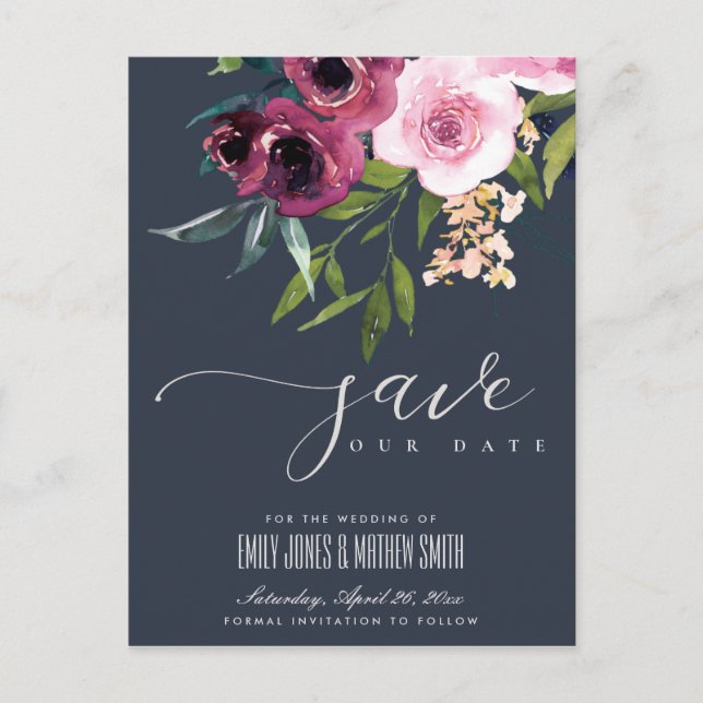 NAVY BLUSH BURGUNDY FLORAL BUNCH SAVE THE DATE ANNOUNCEMENT POSTCARD (Front)