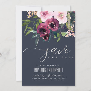 NAVY BLUSH BURGUNDY FLORAL BUNCH WEDDING SAVE THE DATE