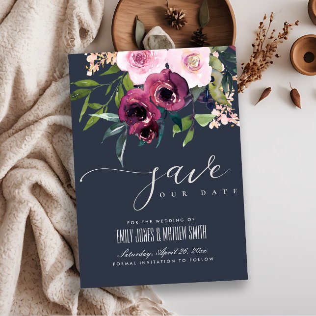NAVY BLUSH BURGUNDY FLORAL BUNCH WEDDING SAVE THE DATE (Creator Uploaded)