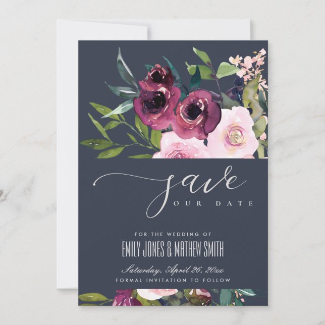 NAVY BLUSH BURGUNDY FLORAL BUNCH WEDDING SAVE THE DATE (Front)