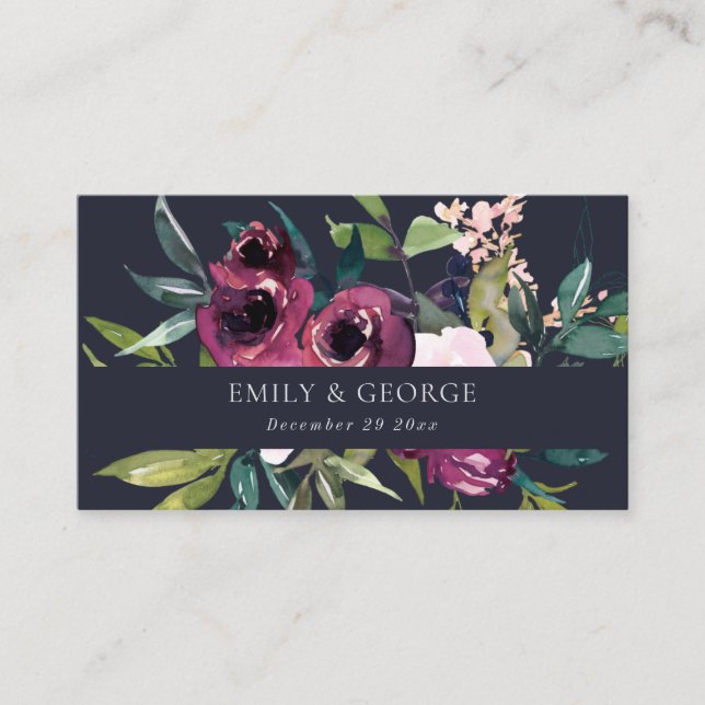 NAVY BLUSH BURGUNDY FLORAL BUNCH WEDDING WEBSITE BUSINESS CARD (Front)