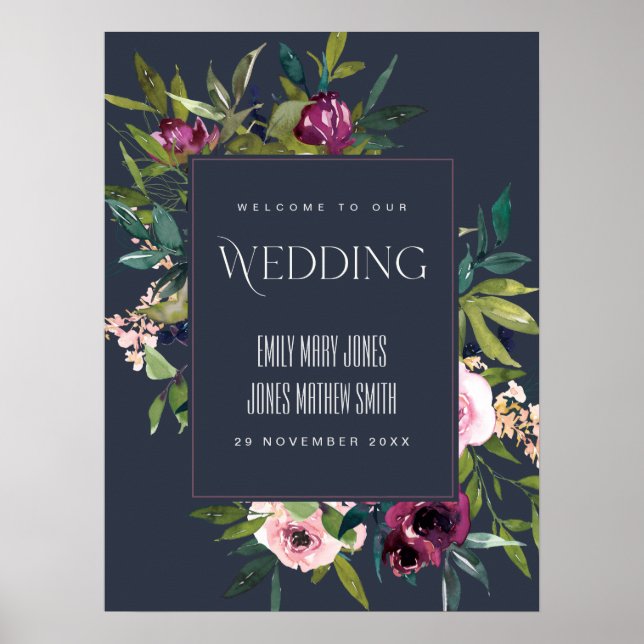 NAVY BLUSH BURGUNDY FLORAL BUNCH WEDDING WELCOME POSTER (Front)