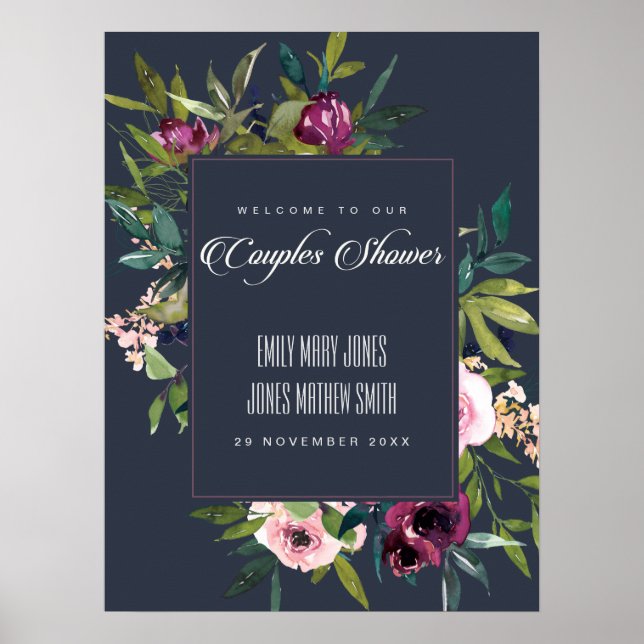 NAVY BLUSH BURGUNDY FLORAL COUPLES SHOWER WELCOME POSTER (Front)