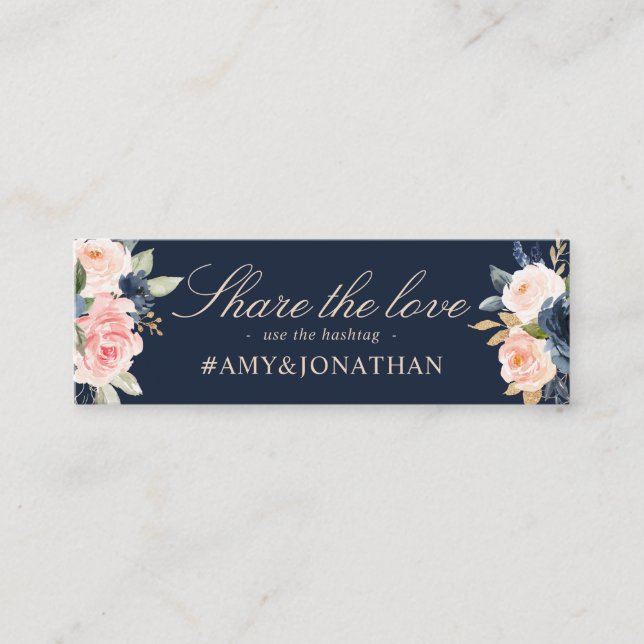 Navy & blush,burgundy floral wedding hashtag card (Front)
