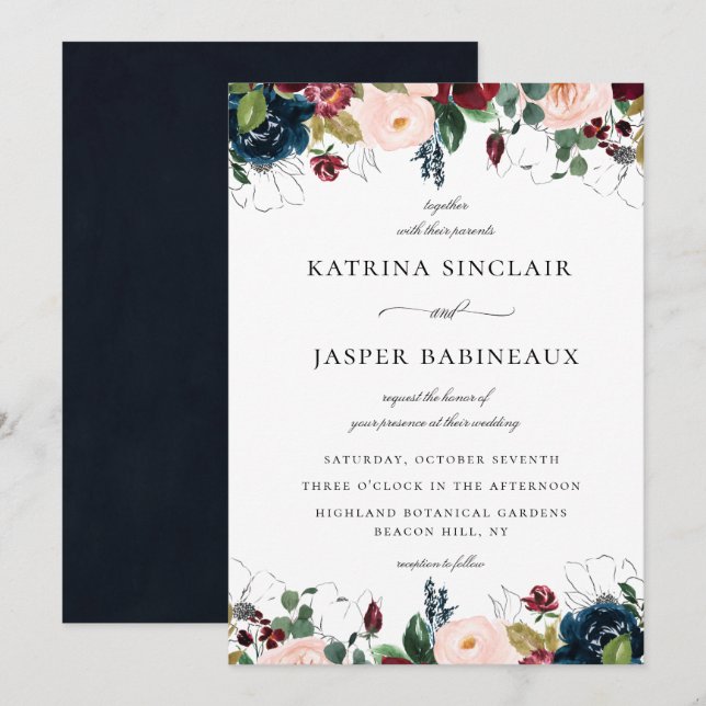 Navy Blush Burgundy Floral Wedding Invitation (Front/Back)