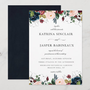 Navy Blush Burgundy Floral Wedding Invitation