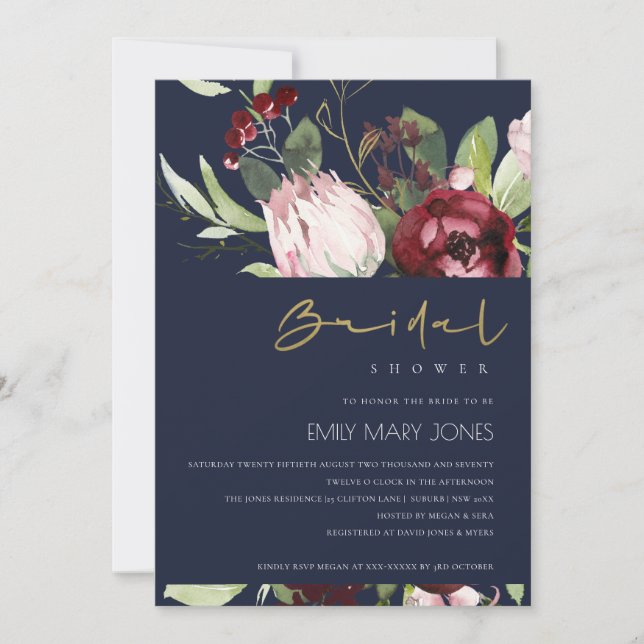 NAVY BLUSH BURGUNDY PROTEA FLORAL BRIDAL SHOWER INVITATION (Front)