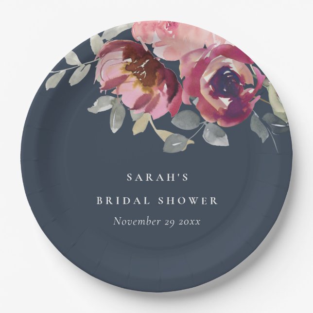 NAVY BLUSH BURGUNDY ROSE FLORAL BRIDAL SHOWER PAPER PLATE (Front)